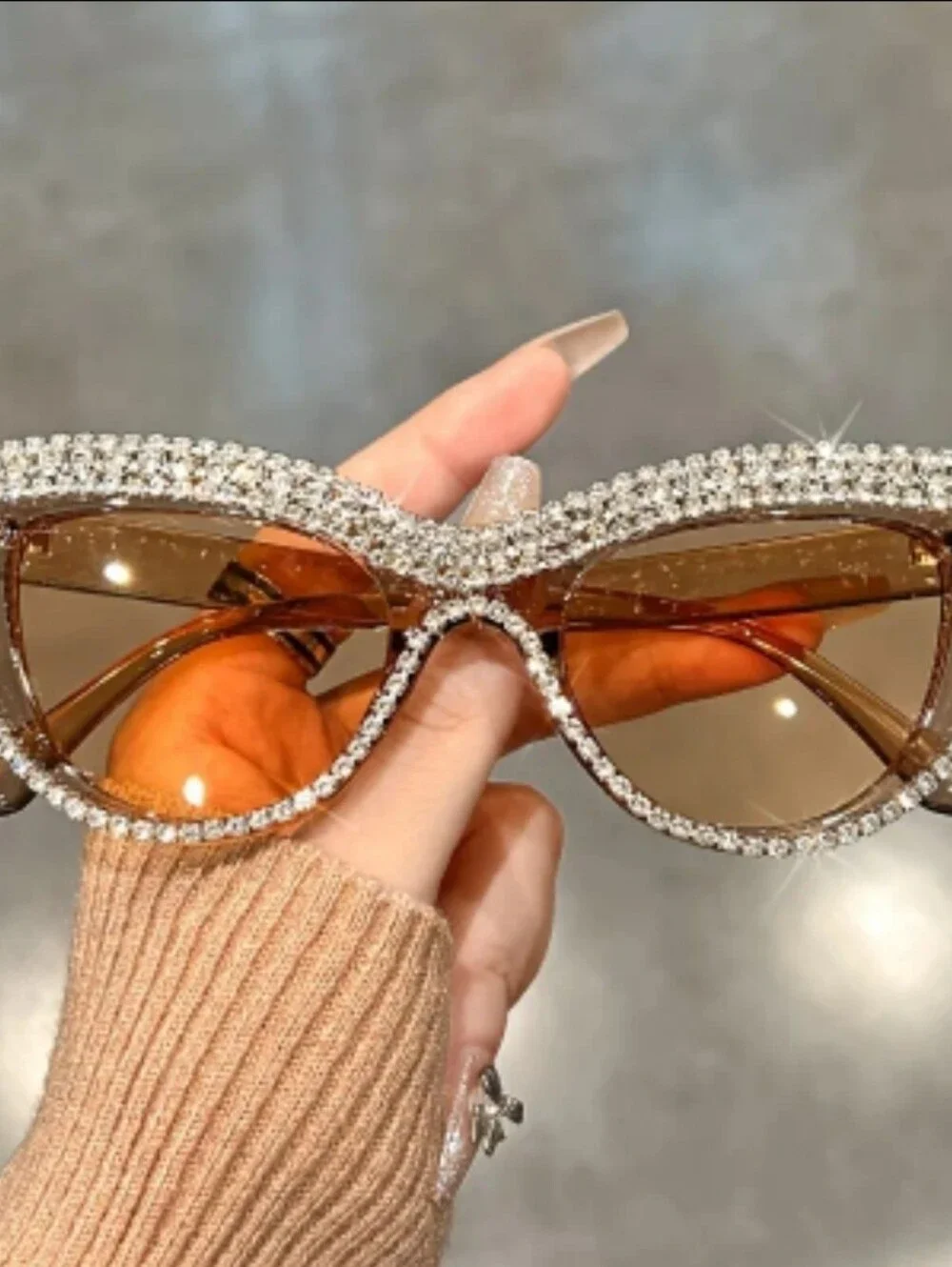 Retro Fashion Champagne Rhinestone Cats Eye  Glasses